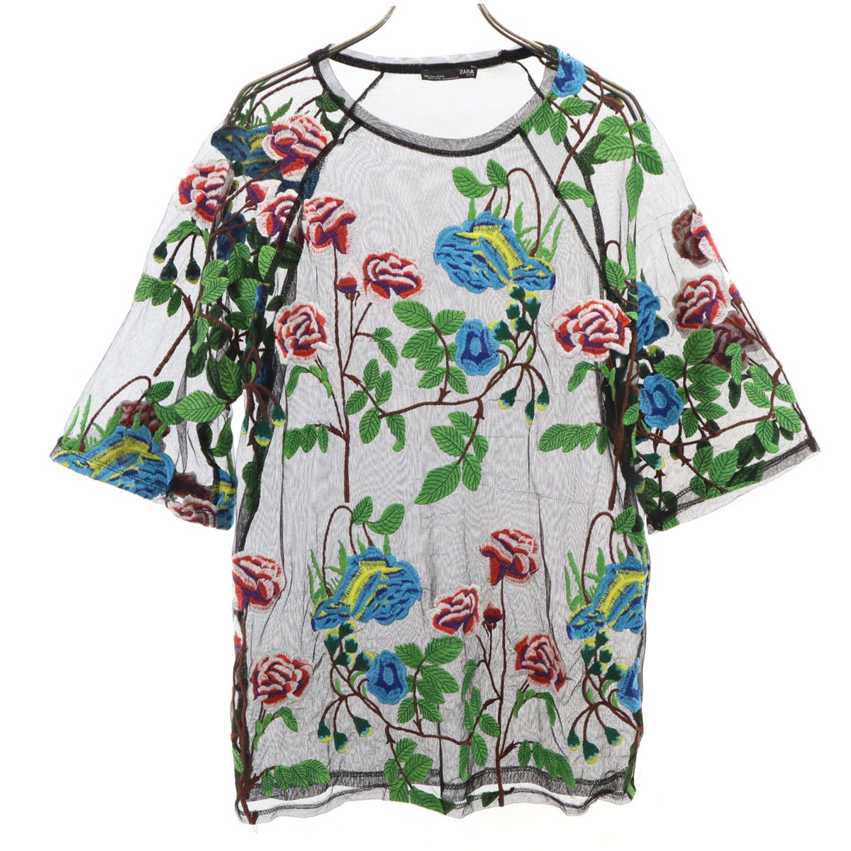 ZARA ザラ 花柄刺繍 半袖 シアー Tシャツ S ブラック