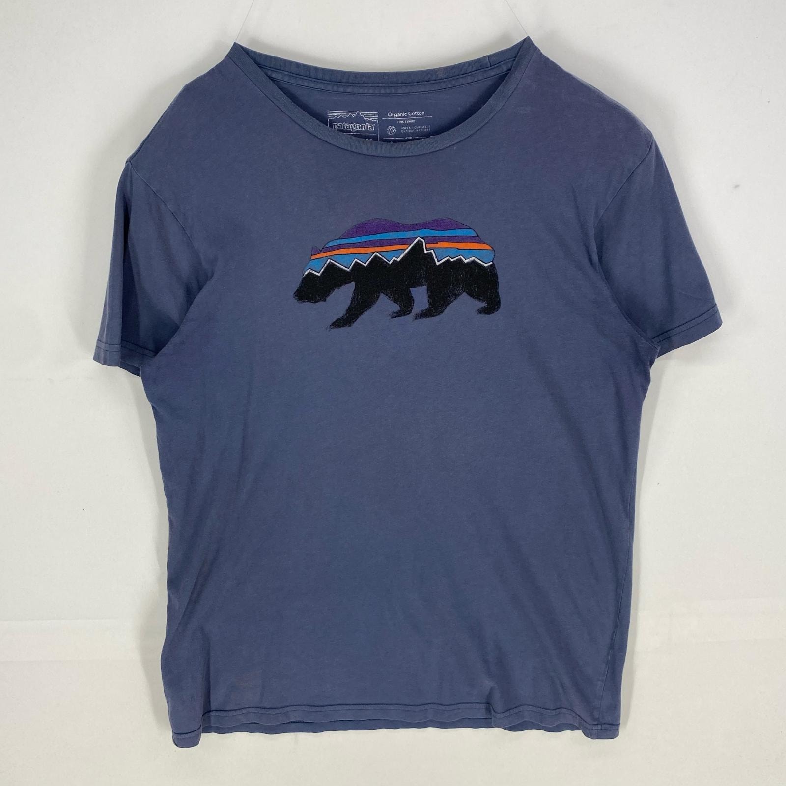 古着 パタゴニア patagonia USA製 半袖Tシャツ スリムフィット クルーネック ショートスリーブ L  ネイビー系 プリント メンズ