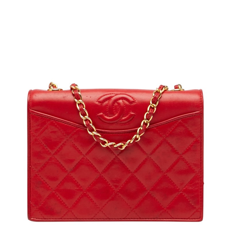 シャネル マトラッセ ココマーク チェーン ショルダーバッグ レッド ラムスキン レディース CHANEL 【中古】