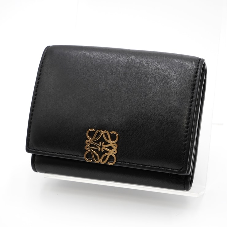 LOEWE(ロエベ)パファー アナグラム トライフォールド ウォレット 三つ折り財布 ブラック シャイニーナパカーフ ゴールド金具 レディース【中古】