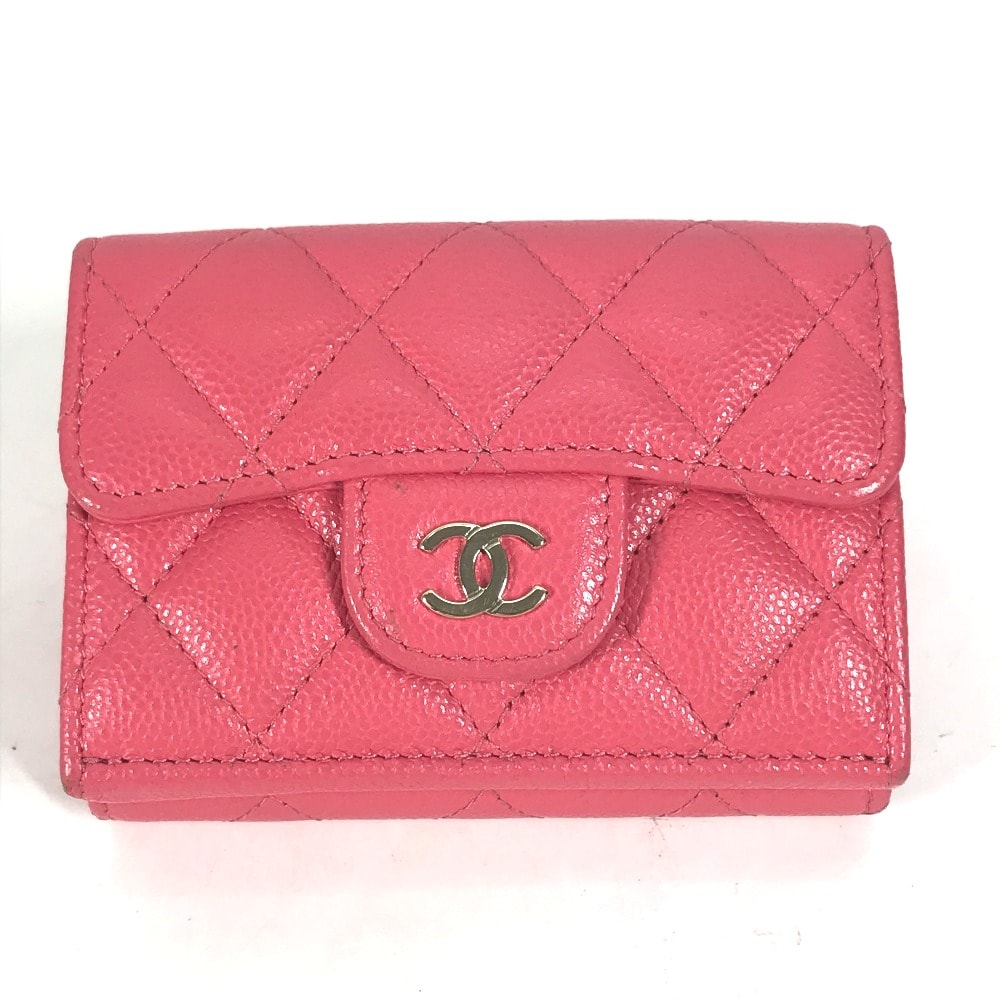 シャネル CHANEL CC ココマーク マトラッセ キルティング コンパクトウォレット 3つ折り財布 キャビアスキン ピンク