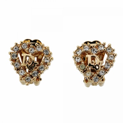 【6jdb0257】クリスチャンディオール イヤリング ディオールロゴ ハートモチーフ GPメッキ ラインストーン ゴールド【中古】レディース