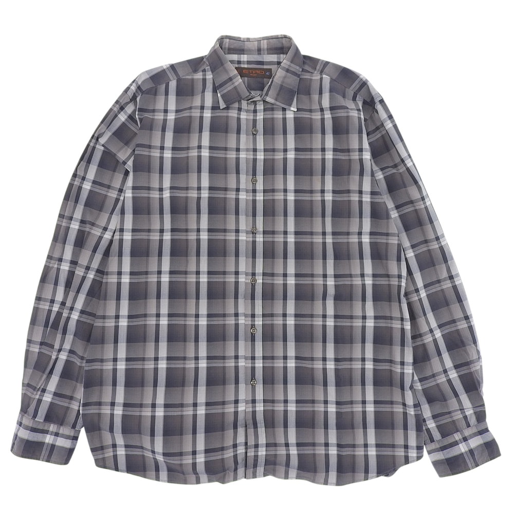 エトロ 美品 コットン チェックシャツ トップス メンズ グレー系 42 102-16376-3424 42