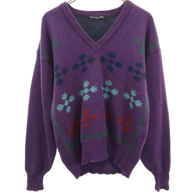 Christian Dior クリスチャンディオール 90s ウール オールド 長袖 Vネック セーター M パープル系 SPORTS ニット