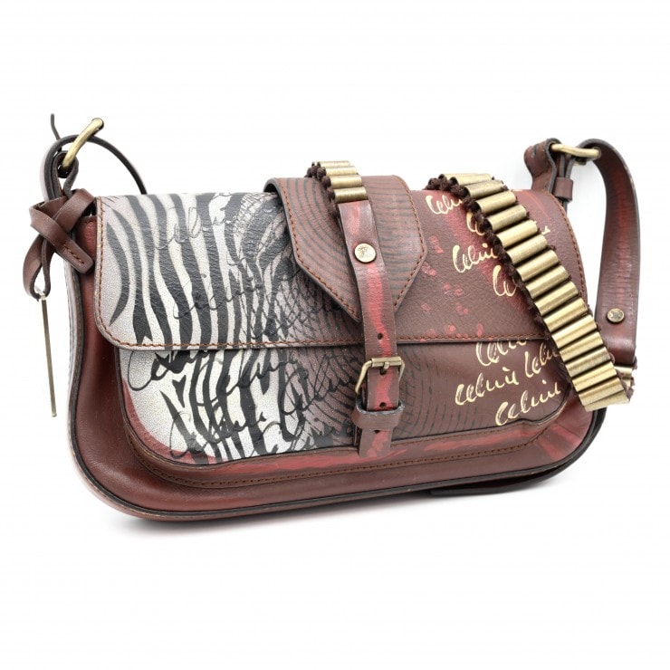 CELINE(セリーヌ)ヴィンテージ ハンドペイント ショルダーバッグ ブラウン レザー ロゴプリント ゼブラ柄 レディース【中古】