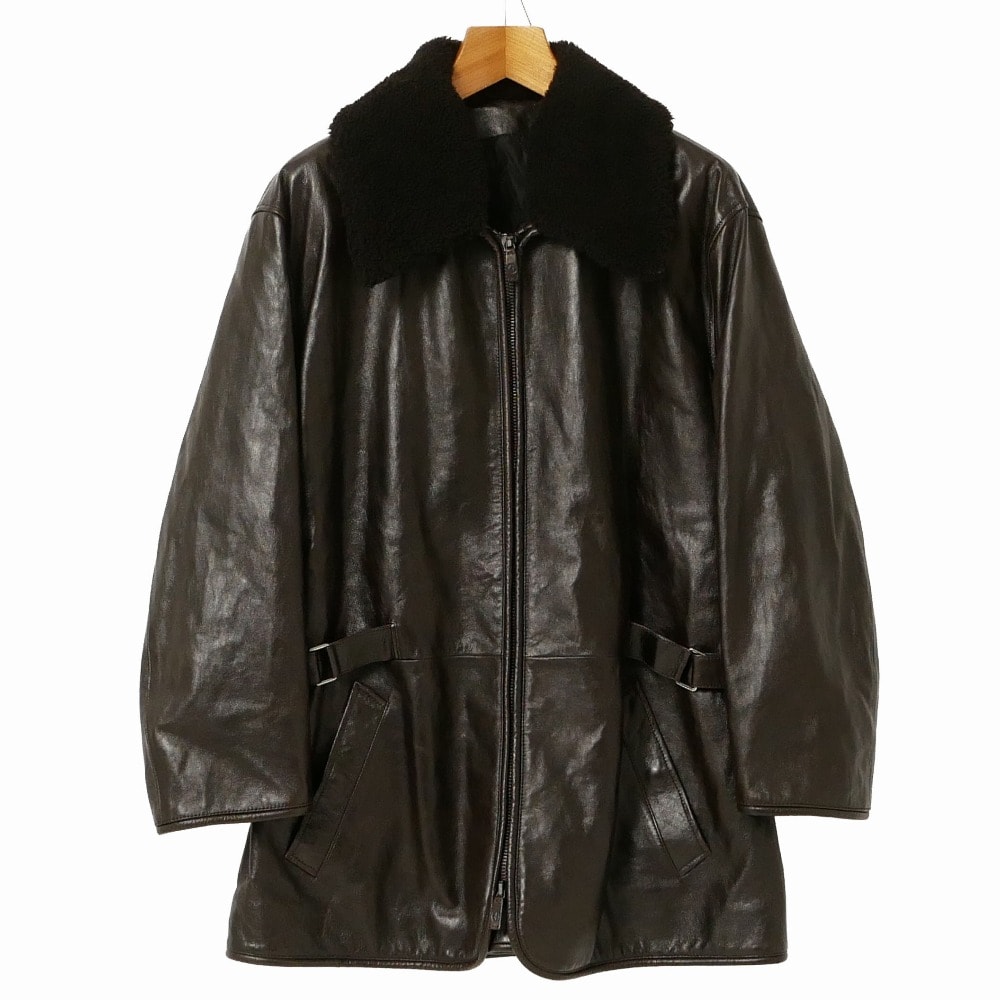 ■美品■GIORGIO ARMANI ジョルジオアルマーニ コート サイズ52 ラムレザー ムートンファー レザーコート 黒タグ シャーリング ブランド古着【中古】20260916/RB0985