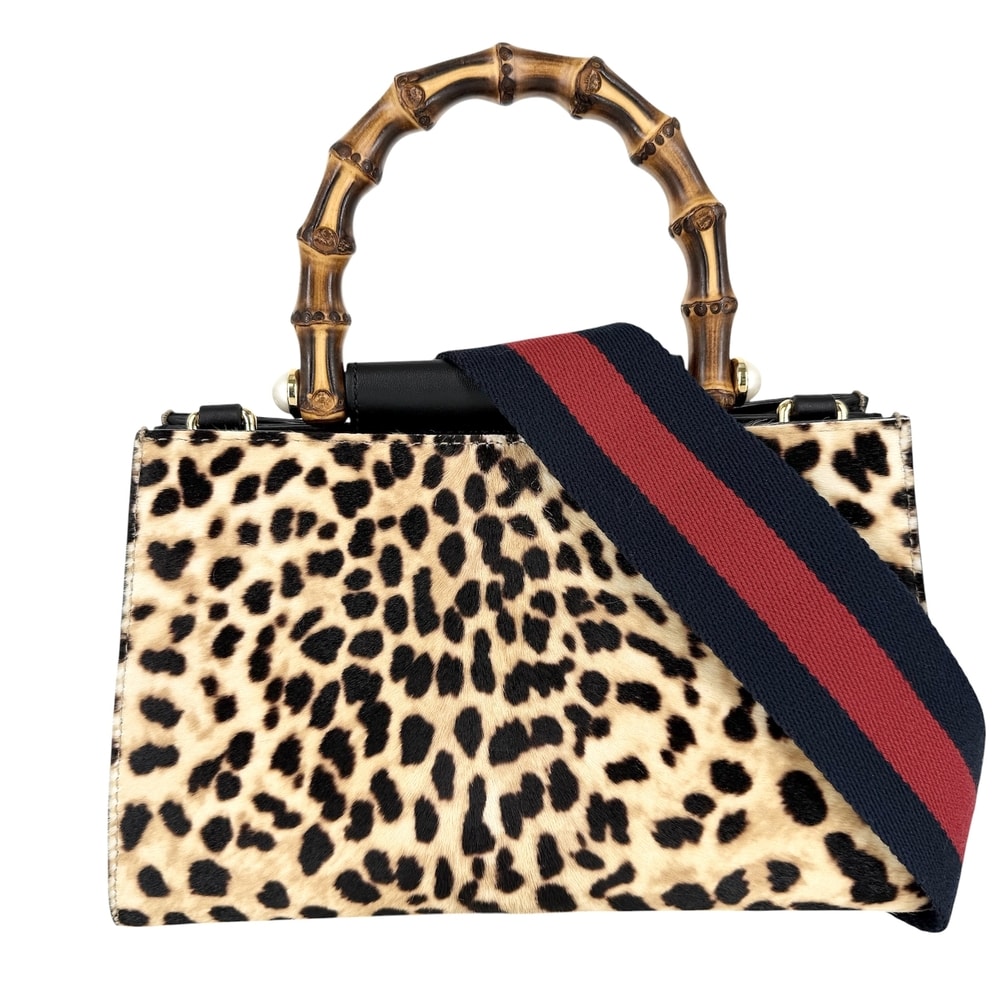 GUCCI グッチ 2WAY ニムフェア レオパード 肩掛け 斜め掛け バンブー ハンドバッグ ショルダーバッグ 459076 ハラコ ブラウン 茶 ゴールド金具 レディース【中古品】