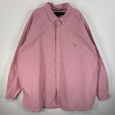 古着 ラルフローレン RALPH LAUREN 長袖シャツ ボタンダウンシャツ ロゴ 刺繍 オックスフォードシャツ 4XLT ピンク 無地 メンズ