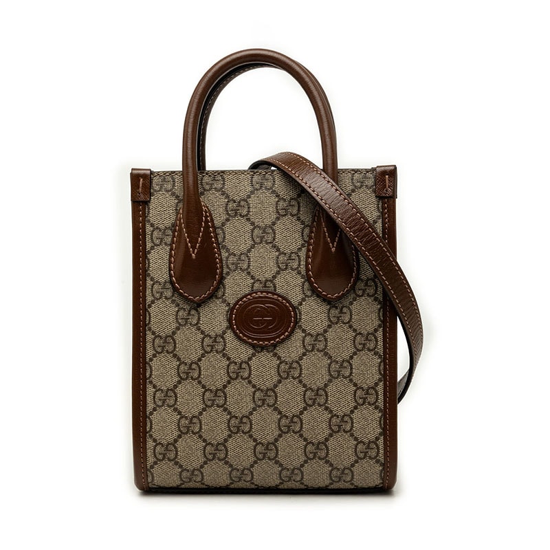 グッチ GGスプリーム インターロッキングG ハンドバッグ ショルダーバッグ 2WAY 671623 ベージュ ブラウン PVC レザー レディース GUCCI 中古
