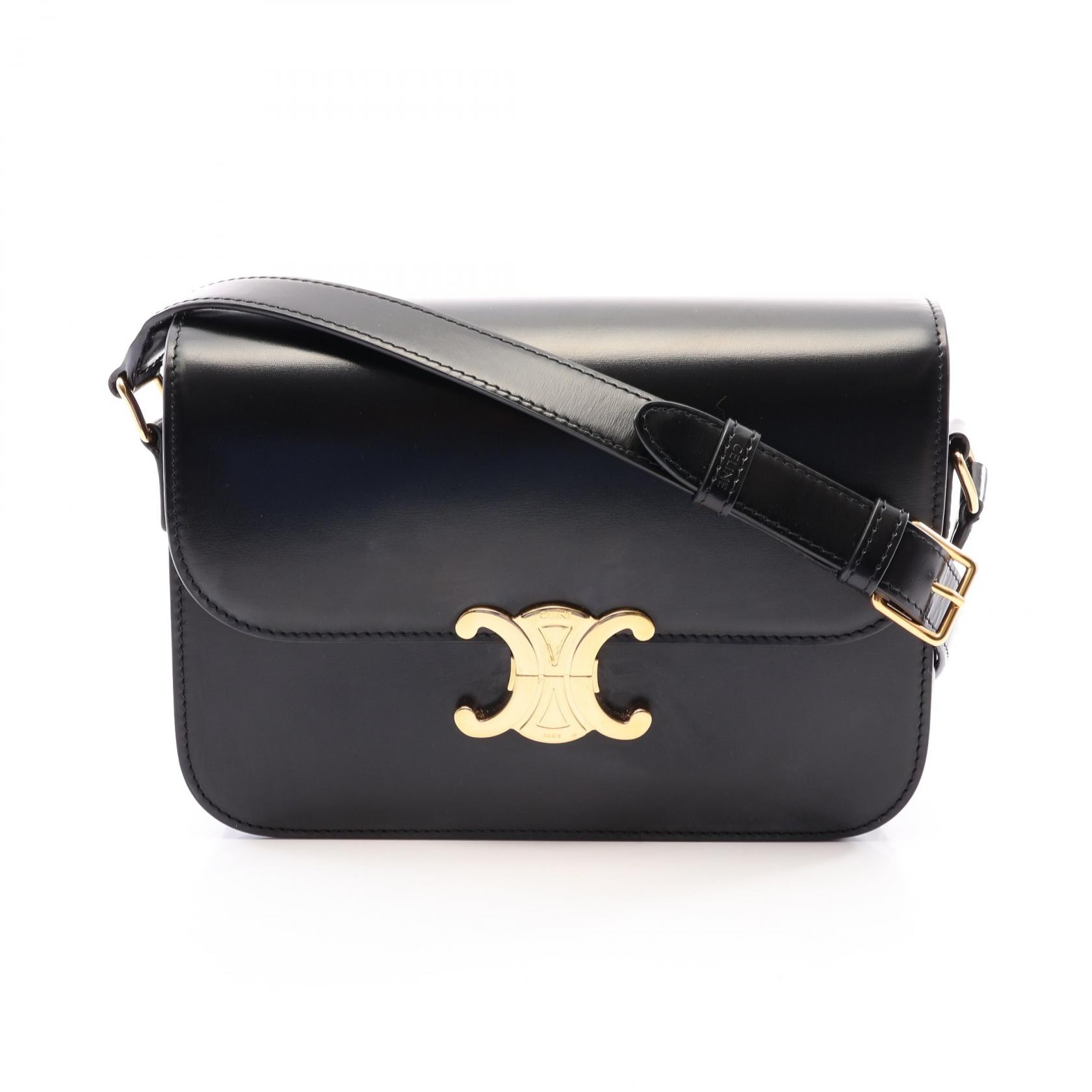セリーヌ CELINE クラシック トリオンフ ミディアム ショルダーバッグ バッグ レザー レディース ブラック系 【中古】