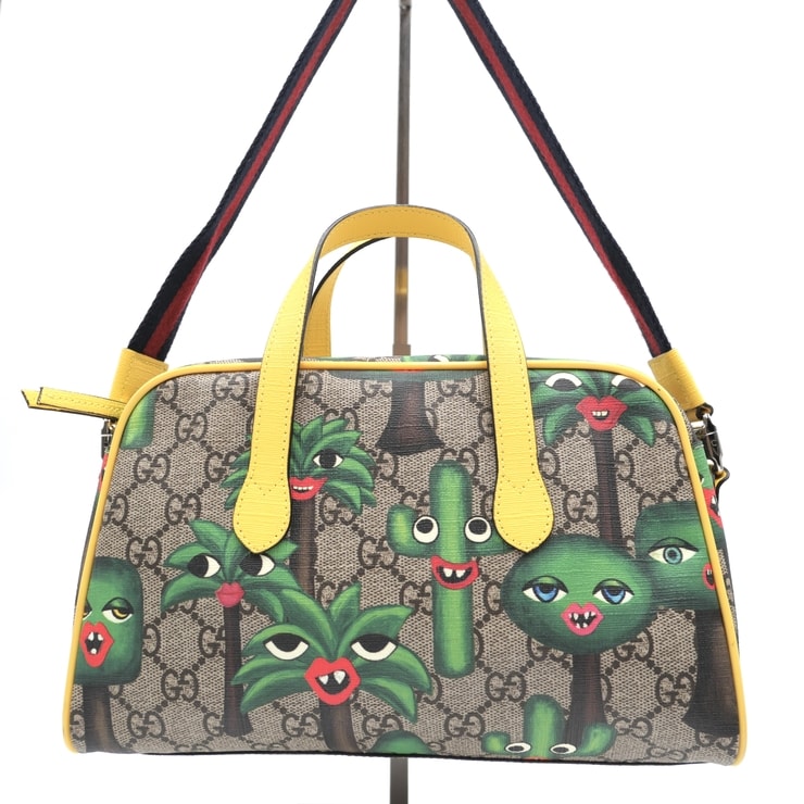 GUCCI(グッチ)チルドレンズ GGスマイリングプラント 2WAYミニボストンバッグ GGスプリーム イエロー グリーン ショルダーバッグ レディース【中古】