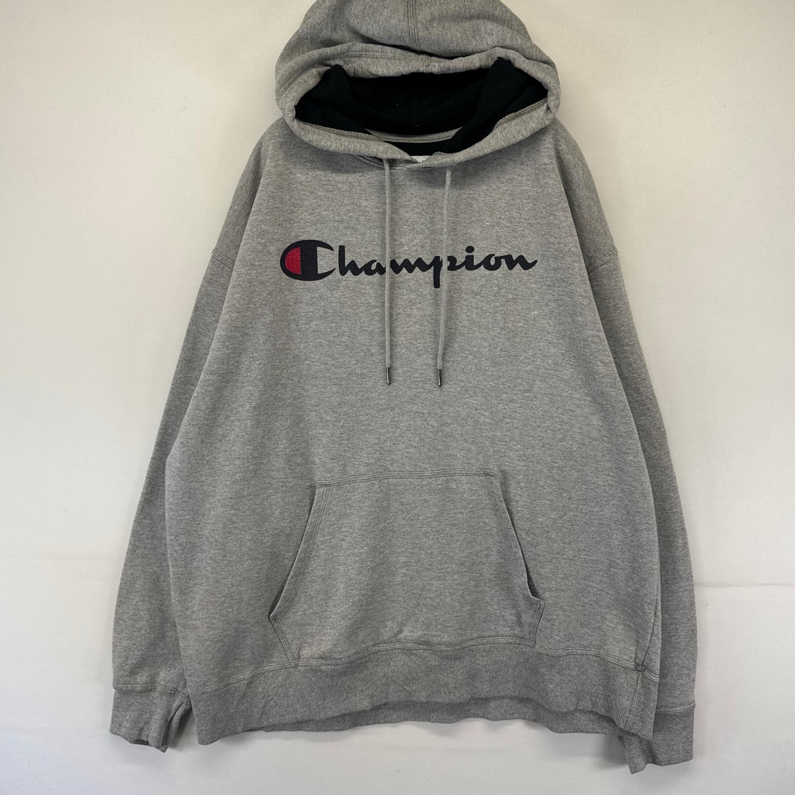 古着 チャンピオン Champion パーカー ビッグロゴ スウェット プルオーバー 大きいサイズ 2XL  グレー系 メンズ
