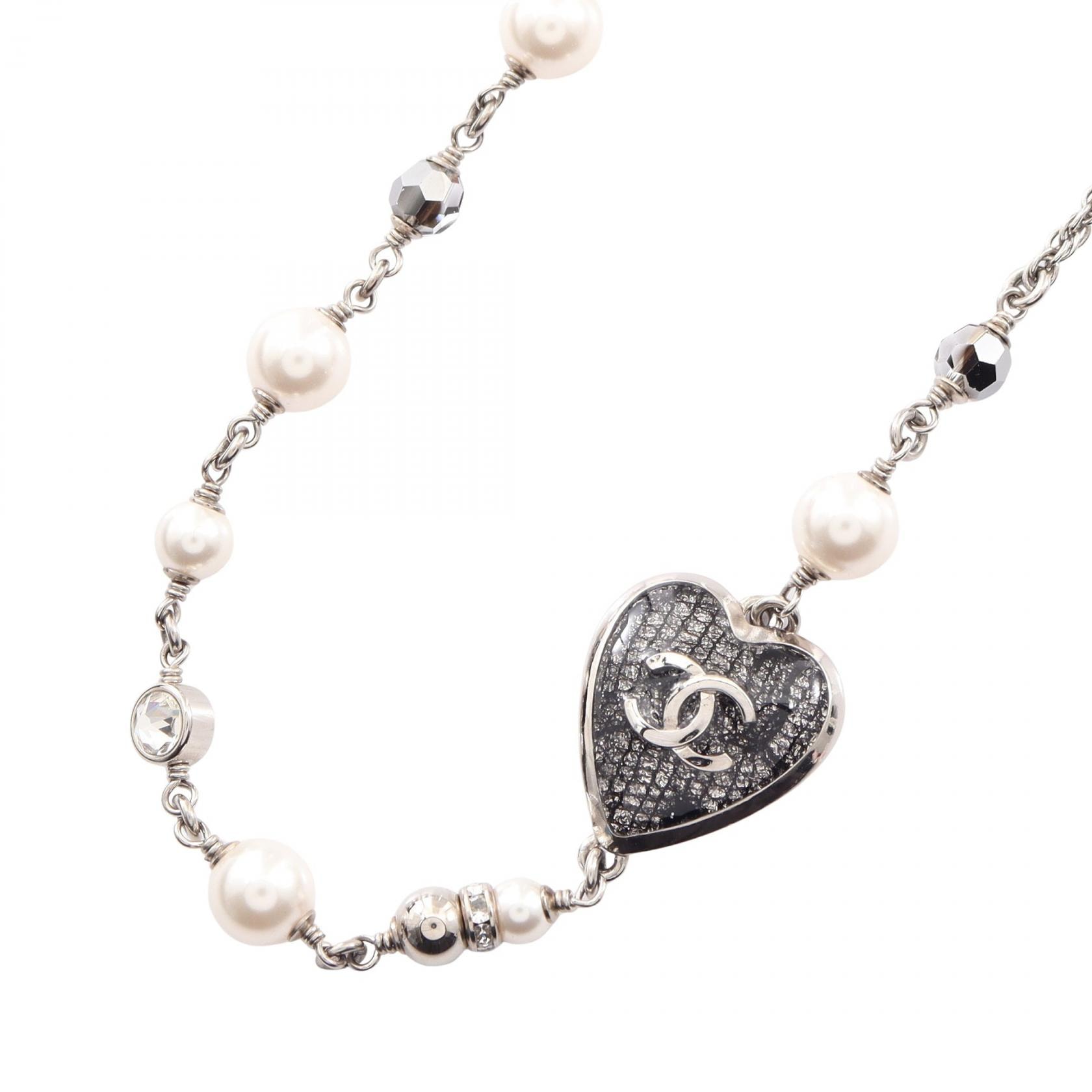 シャネル CHANEL ココマーク ハートモチーフ ネックレス ジュエリー GP(ゴールドメッキ) フェイクパール レディース シルバー系 / ブラック系 / ホワイト系 【中古】