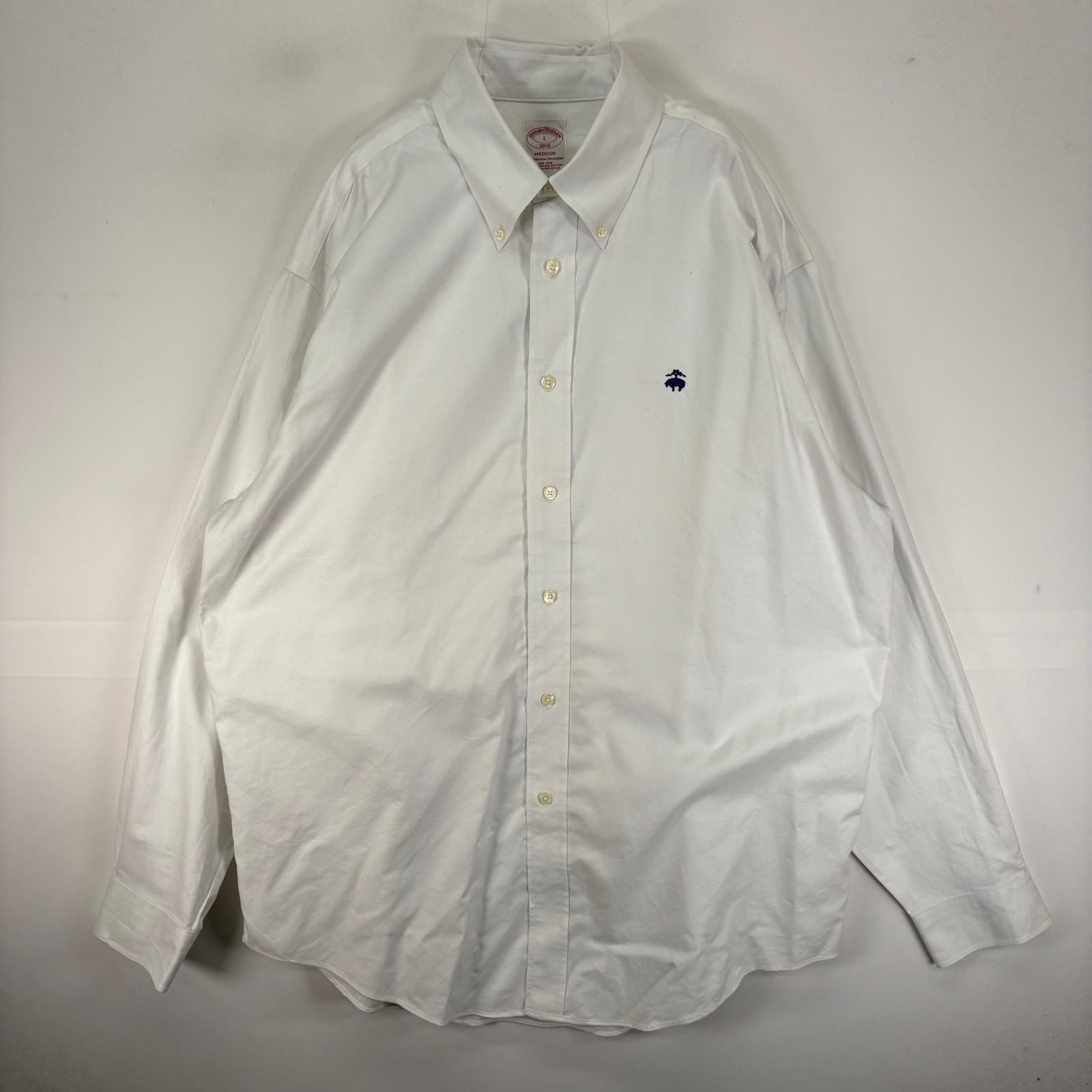 古着 ブルックスブラザーズ Brooks Brothers 長袖シャツ ボタンダウン ワンポイント 刺繍ロゴ L  ホワイト系 無地 メンズ