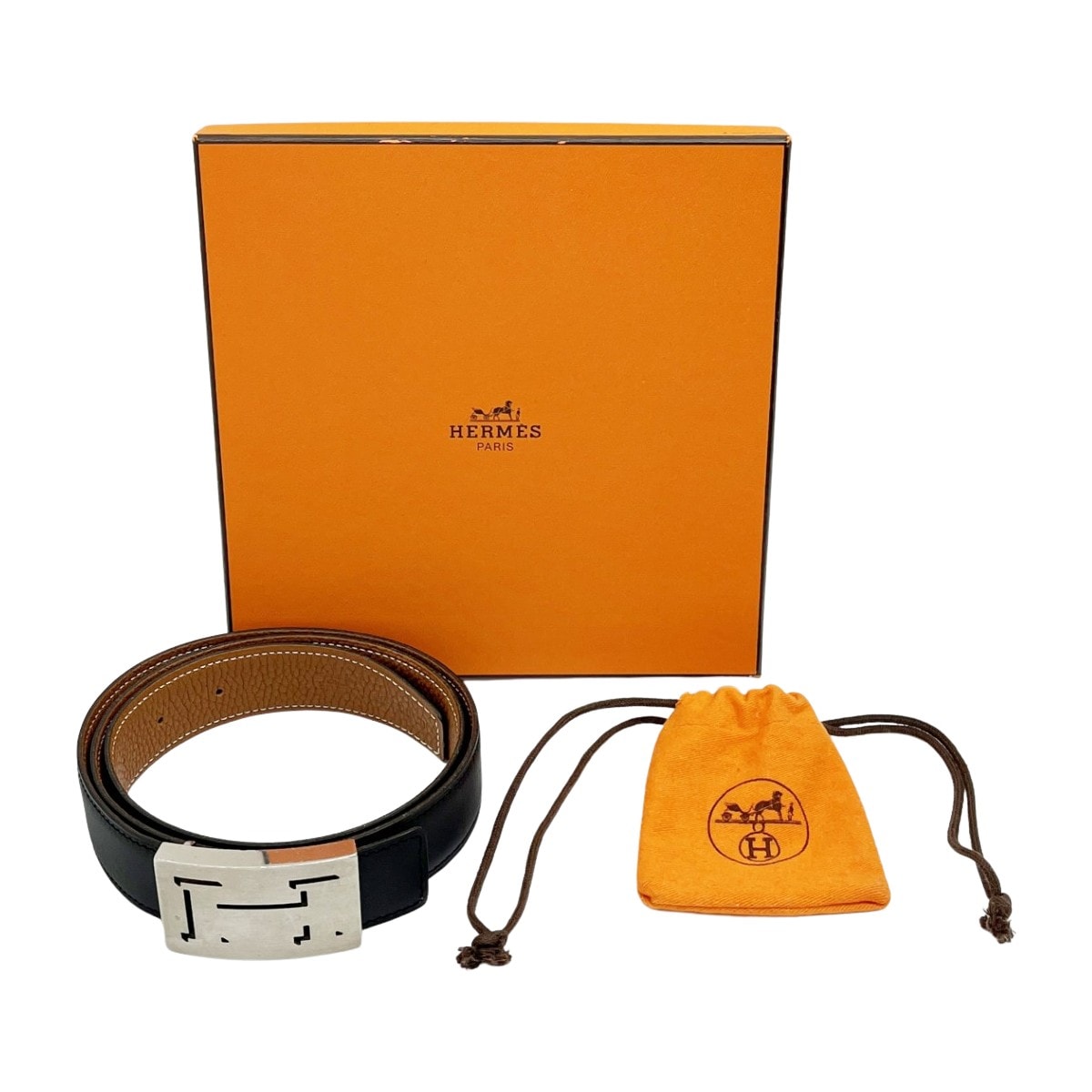 ◆◆HERMES エルメス ベルト ラッキーメタル H刻 箱・巾着付 ブラック