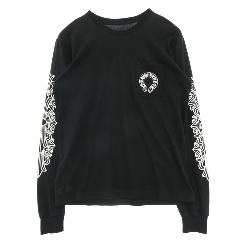 CHROME HEARTS クロムハーツ(原本無) Horseshoe L/S Tee  バックホースシュー 袖フローラル プリント ロングスリーブ 長袖 Tシャツ カットソー ブラック系 L【中古】