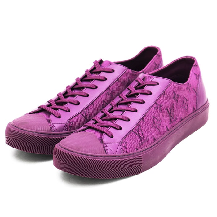 【美品】LOUIS VUITTON ルイ・ヴィトン スニーカー レザー x キャンバス コンビネーション 2019年製 LV ロゴ モノグラム ローカット レースアップ カップインソール メンズ サイズ 8 パープル 紫 イタリア製