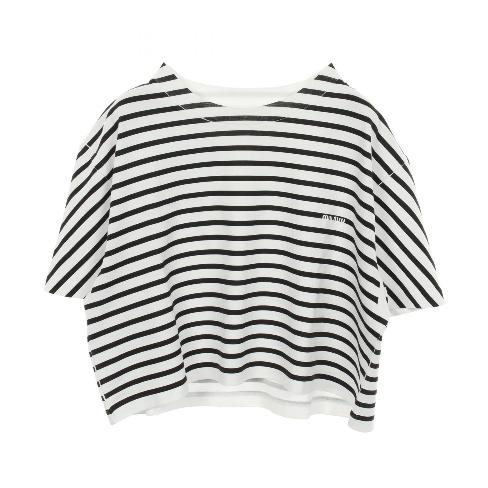 ミュウ ミュウ Miu Miu ボーダー クロップド 半袖Tシャツ 衣料品 トップス コットン レディース ホワイト系 / ブラック系 【中古】