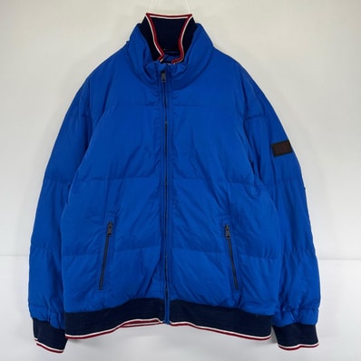 古着 トミーヒルフィガー TOMMY HILFIGER ジャケット ナイロン ダウンジャケット フルジップ レザーパッチ ロゴ L ブルー系 メンズ