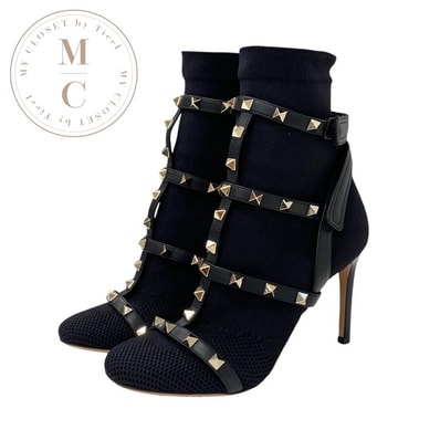 ヴァレンティノ VALENTINO ブーツ ショートブーツ 靴 シューズ ファブリック レザー ブラック 黒 ゴールド ロックスタッズ ニット