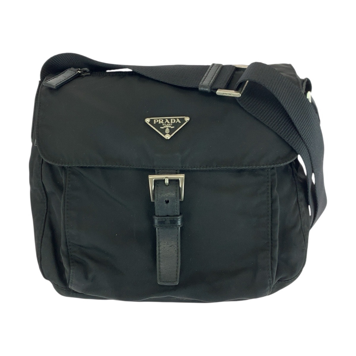 PRADA プラダ テスート 三角ロゴプレート ブラック 黒 シルバー金具 ナイロン レザー/ ショルダーバッグ メッセンジャーバッグ 505858 【中古】