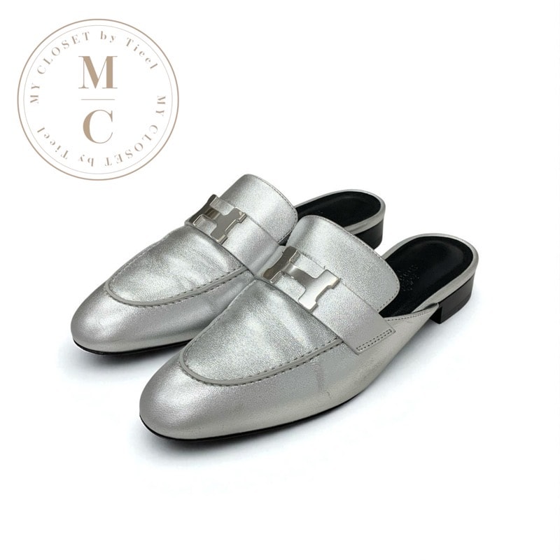 エルメス HERMES トロカデロ フラットシューズ 靴 シューズ レザー シルバー ミュール H金具