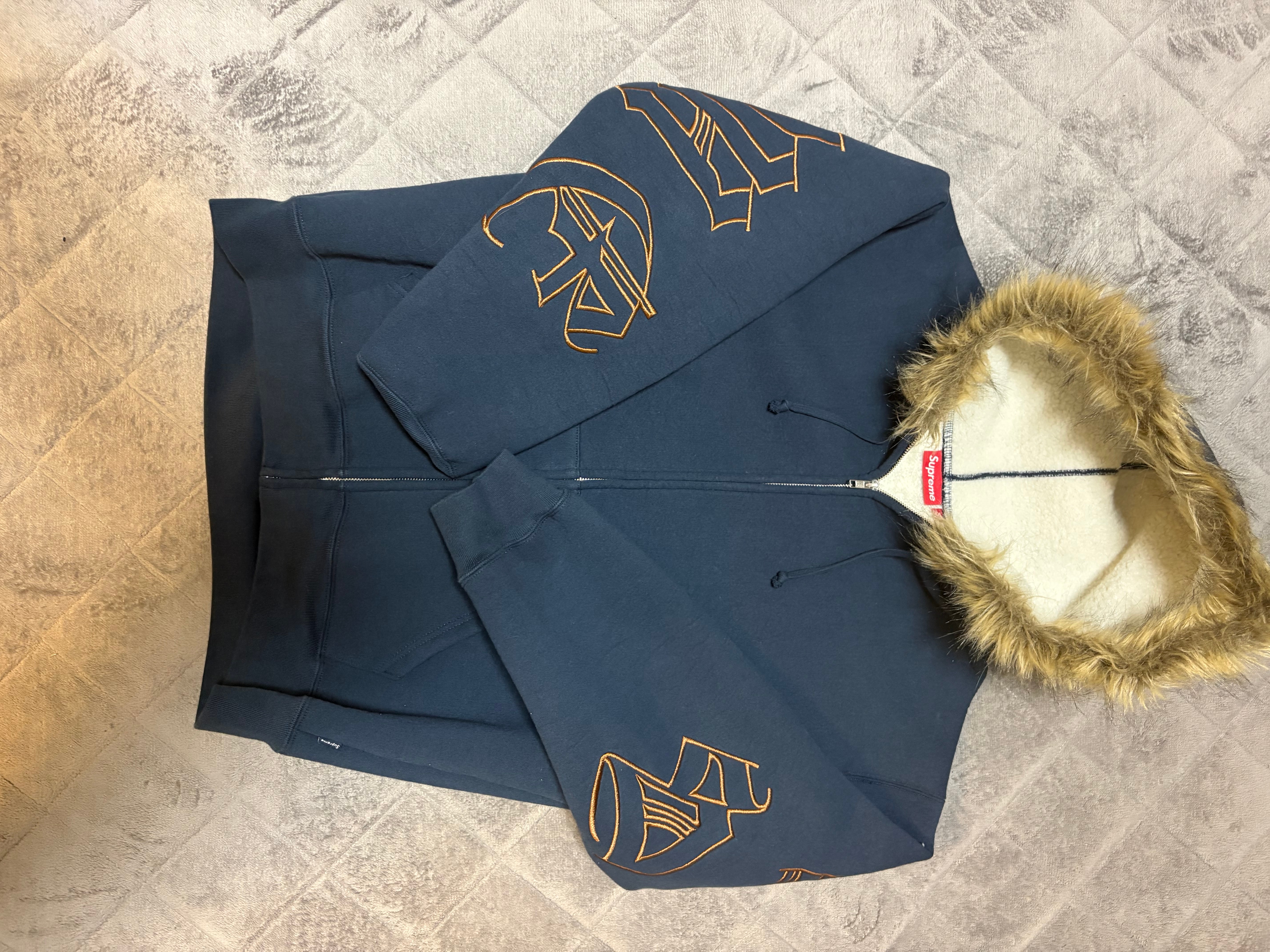 Supreme Faux Fur Zip Up Hooded Sweatshirt "Navy"