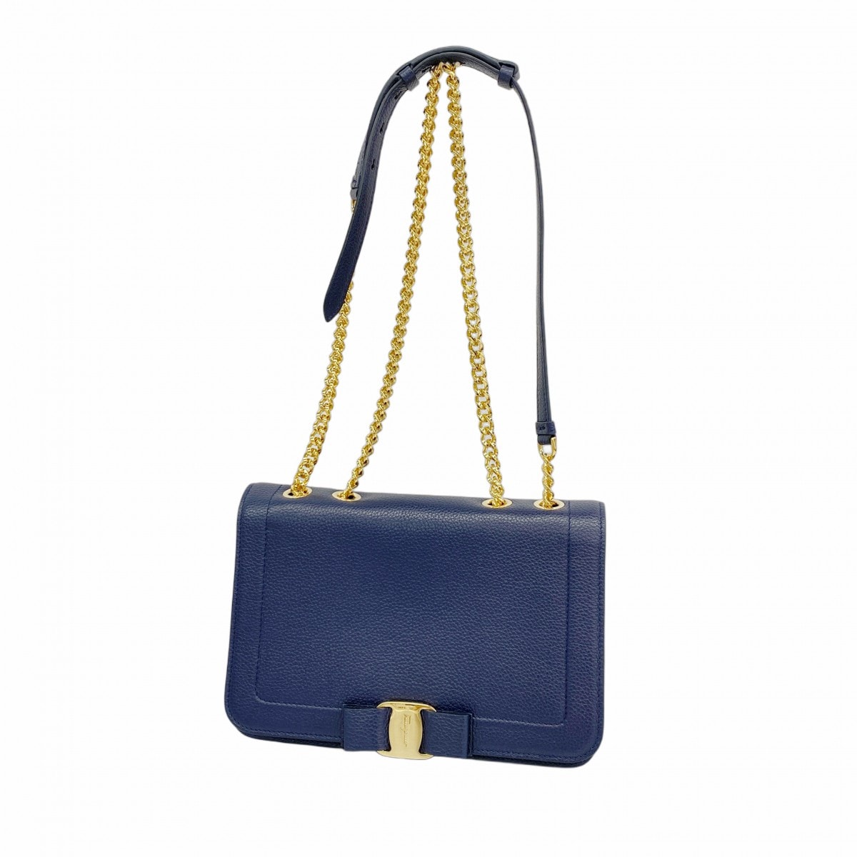 【6dc2933】サルヴァトーレフェラガモ ショルダーバッグ ヴァラ レザー ネイビー ゴールド金具【中古】レディース