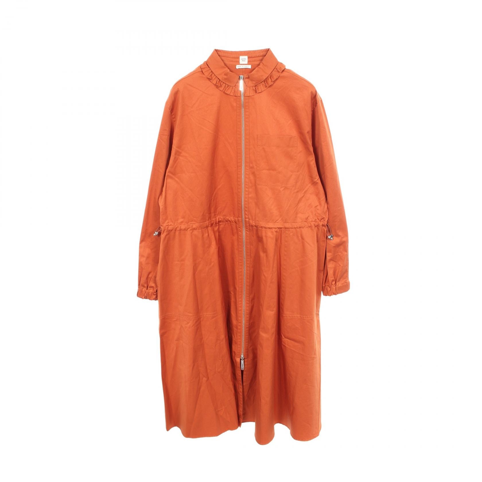 エルメス HERMES フリル襟 ジップアップ ワンピース 衣料品 トップス コットン レディース ブラウン系 【中古】