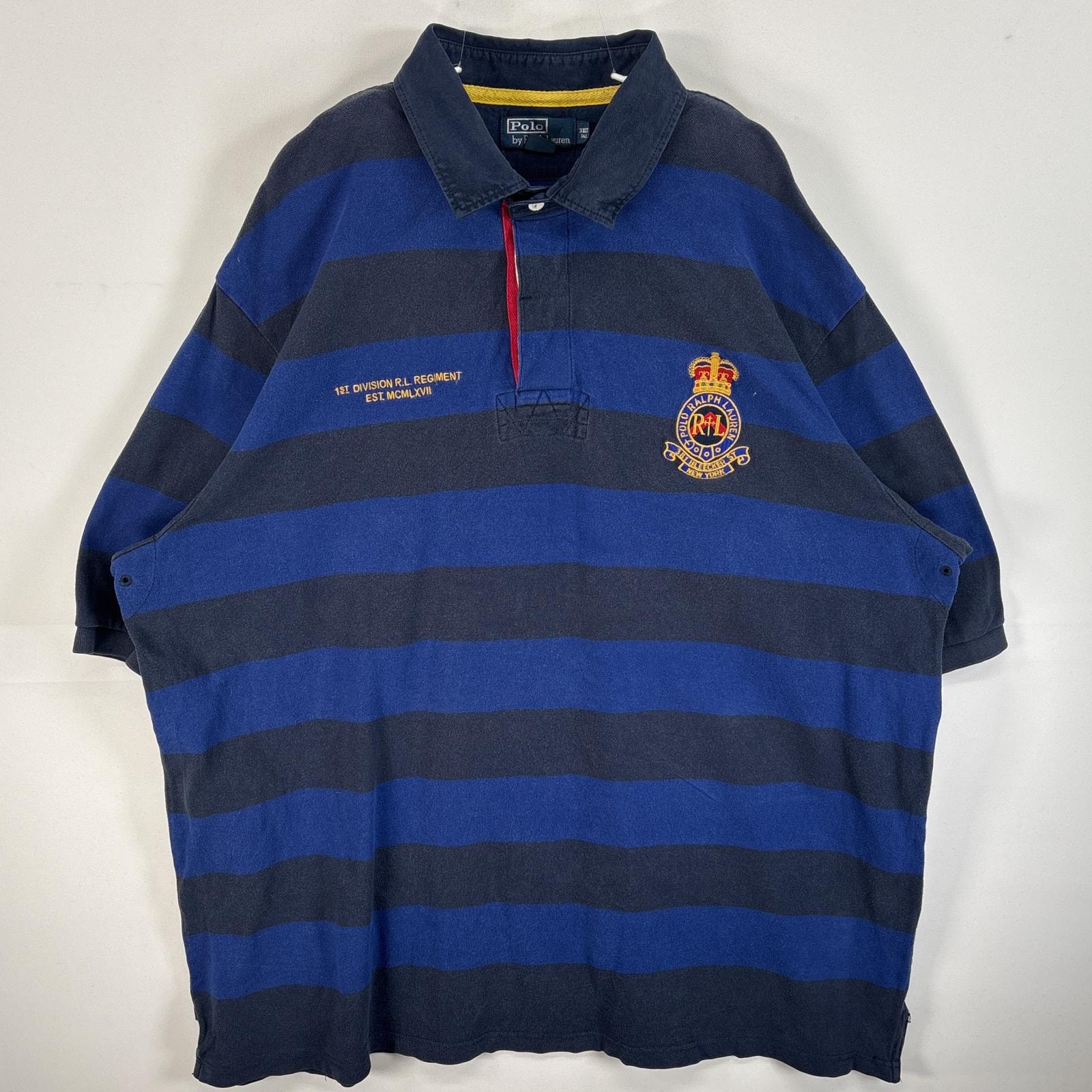 古着 90's/90年代 ポロバイラルフローレン Polo by Ralph Lauren 鹿の子 半袖 ラガーシャツ ロゴ 刺繍 大きいサイズ 大きいサイズ 3XLT  ブルー系 ボーダー メンズ