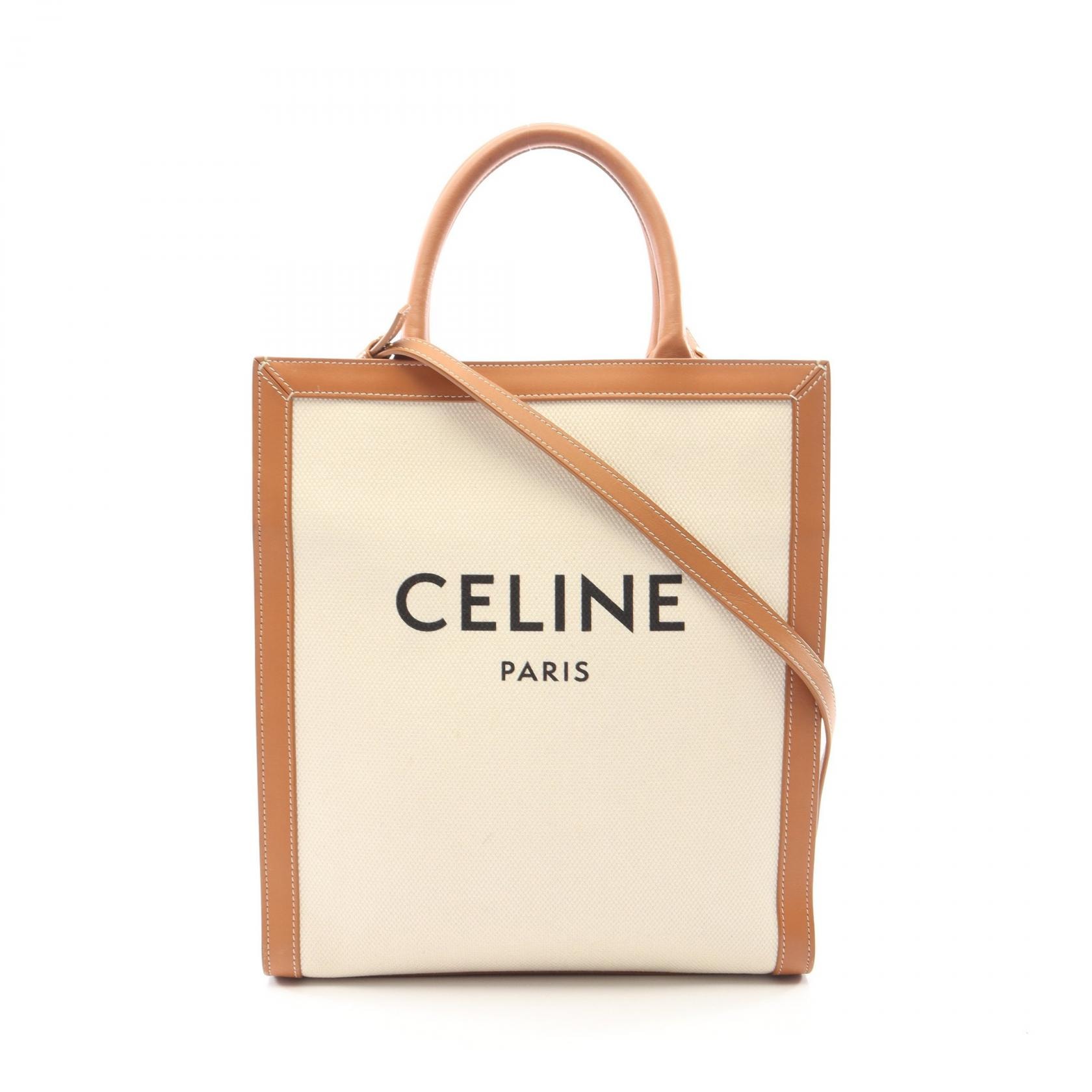 セリーヌ CELINE スモール バーティカル カバ 2WAY トートバッグ バッグ キャンバス レザー レディース アイボリー系 / ブラウン系 【中古】