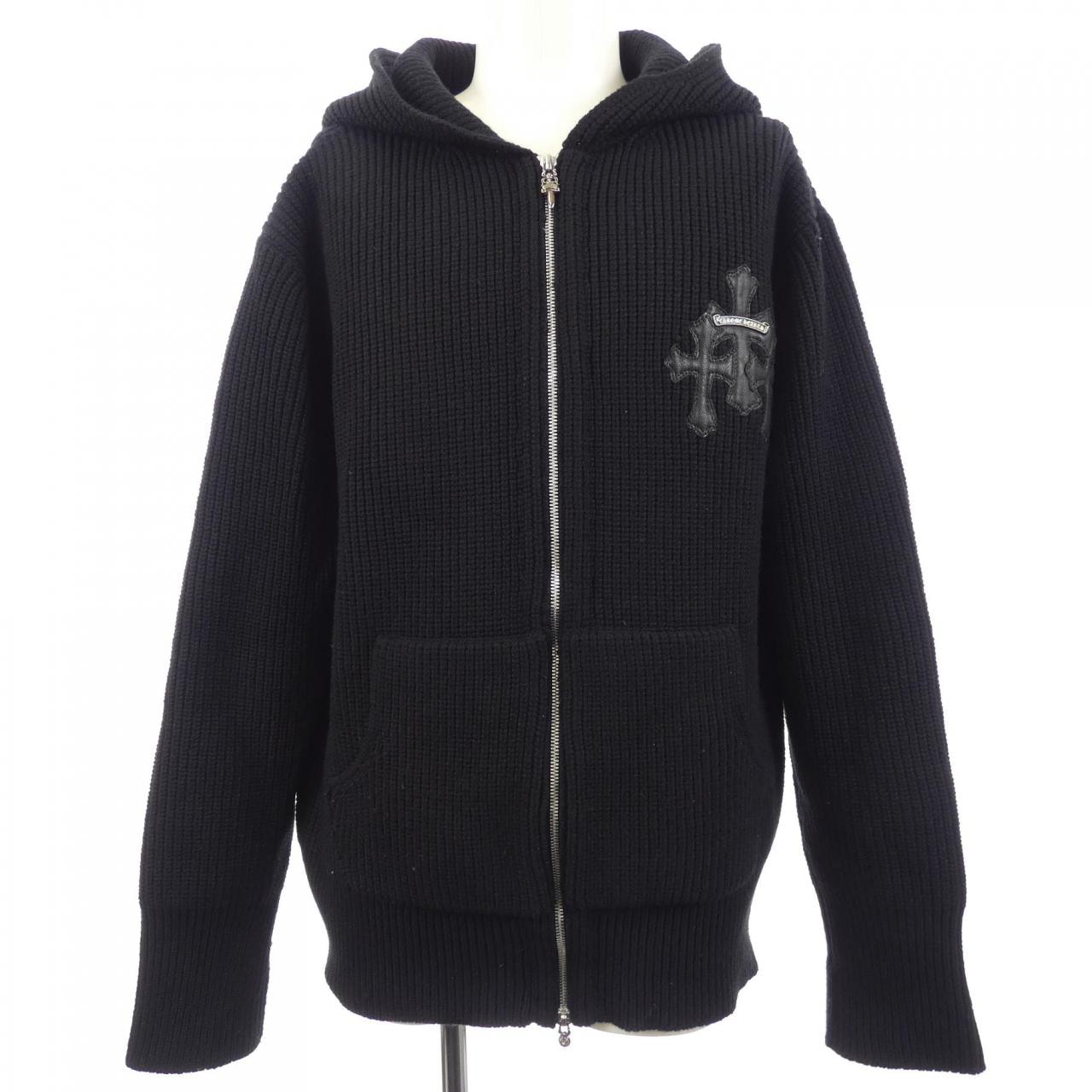 Chrome Hearts 3 Cemetery Cross Patch Zip Up Cashmere Knit Hoodie "Black"