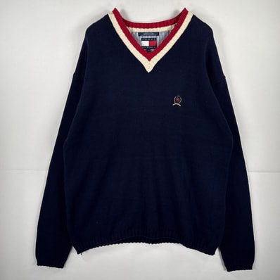 古着 90's/90年代 トミーヒルフィガー TOMMY HILFIGER 長袖 ニット Vネック ワンポイント 刺繍 セーター XL ネイビー メンズ