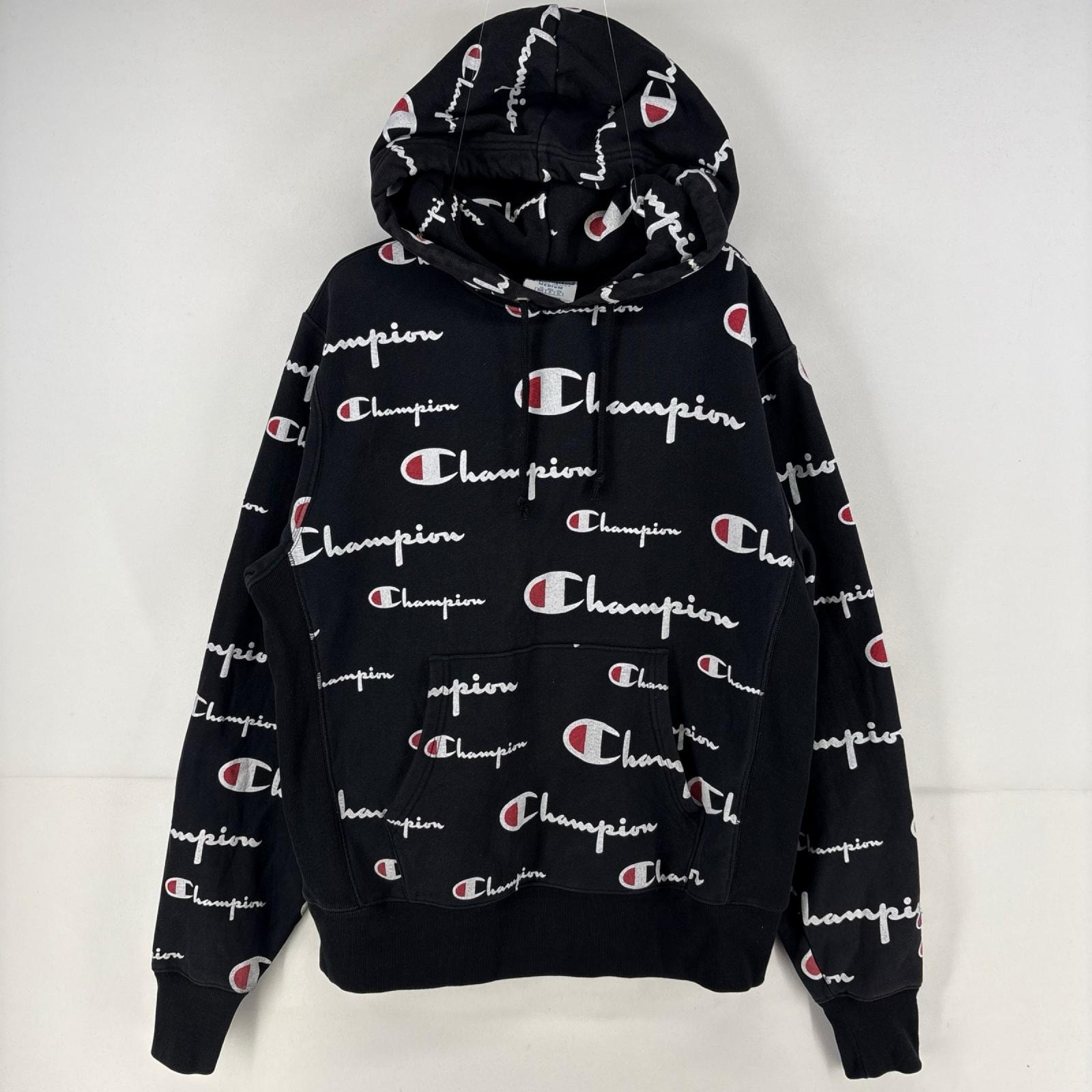 古着 チャンピオン Champion パーカー スウェット プルオーバー ロゴ プリント リバースウィーブ 総柄 M  ブラック 総柄 メンズ