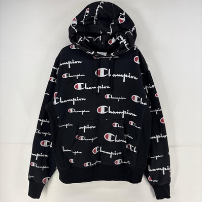 古着 チャンピオン Champion パーカー スウェット プルオーバー ロゴ プリント リバースウィーブ 総柄 M ブラック 総柄 メンズ