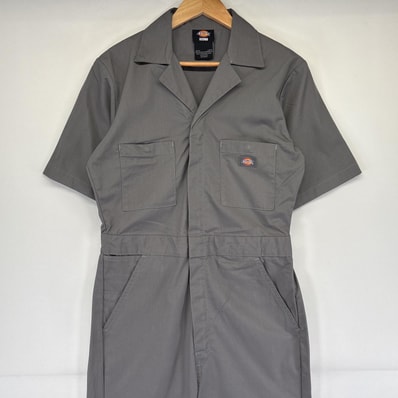 古着 ディッキーズ Dickies 半袖つなぎ オールインワン ワーク 作業着 ワンポイントロゴ 胸ポケット SR グレー メンズ
