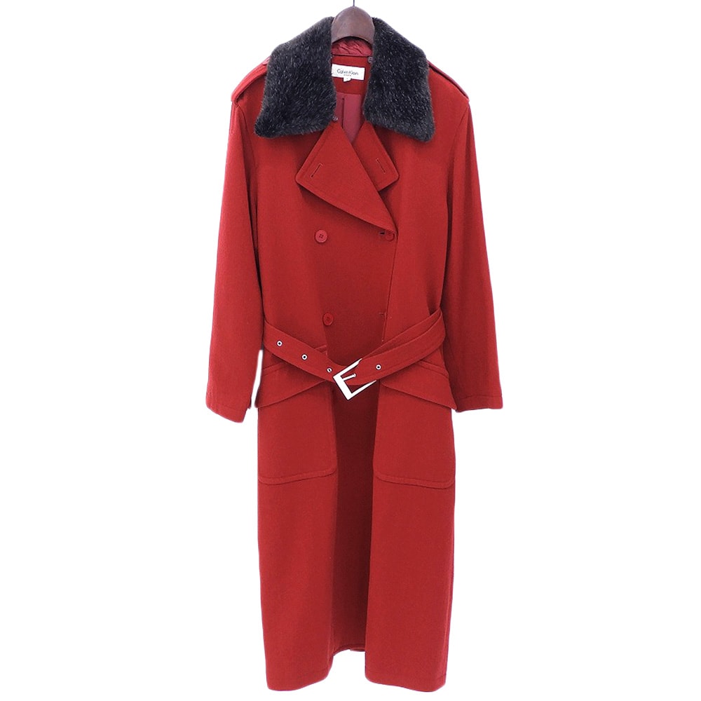 カルバンクライン 美品 襟ファー付き ウール ヘリンボーン トレンチコート レディース レッド 9 9