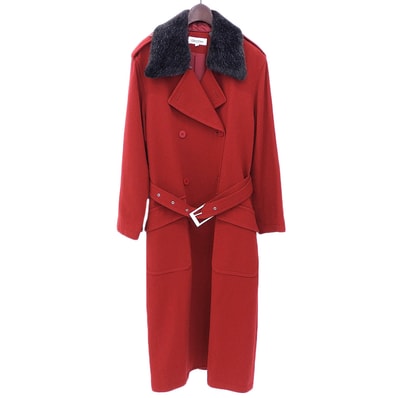 カルバンクライン 美品 襟ファー付き ウール ヘリンボーン トレンチコート レディース レッド 9 9