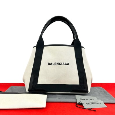 BALENCIAGA バレンシアガ ネイビー カバス ロゴ キャンバス レザー ハンドバッグ ホワイト
34929