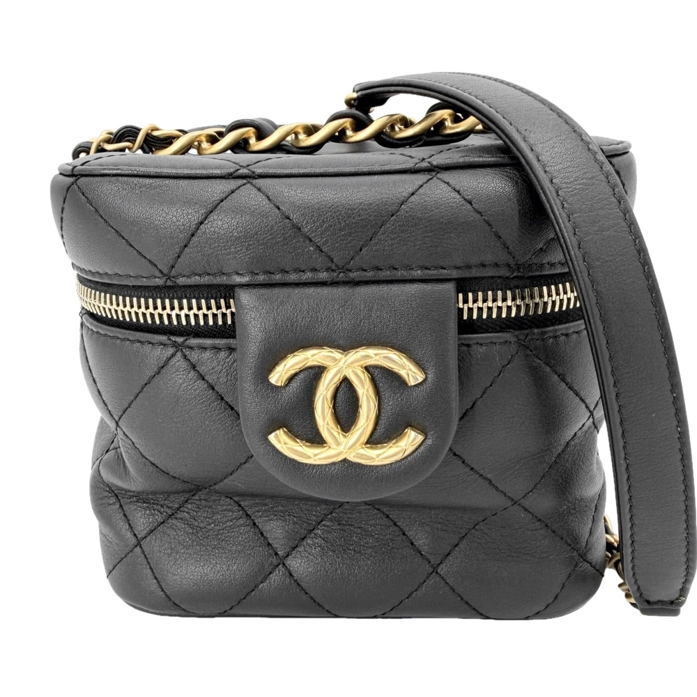CHANEL シャネル 2WAY マトラッセ ココマーク ミニハンドバッグ チェーンショルダーバッグ 肩掛け 斜め掛け スモールバニティ レザー    ブラック 黒 アンティークゴールド金具 レディース【中古品】
