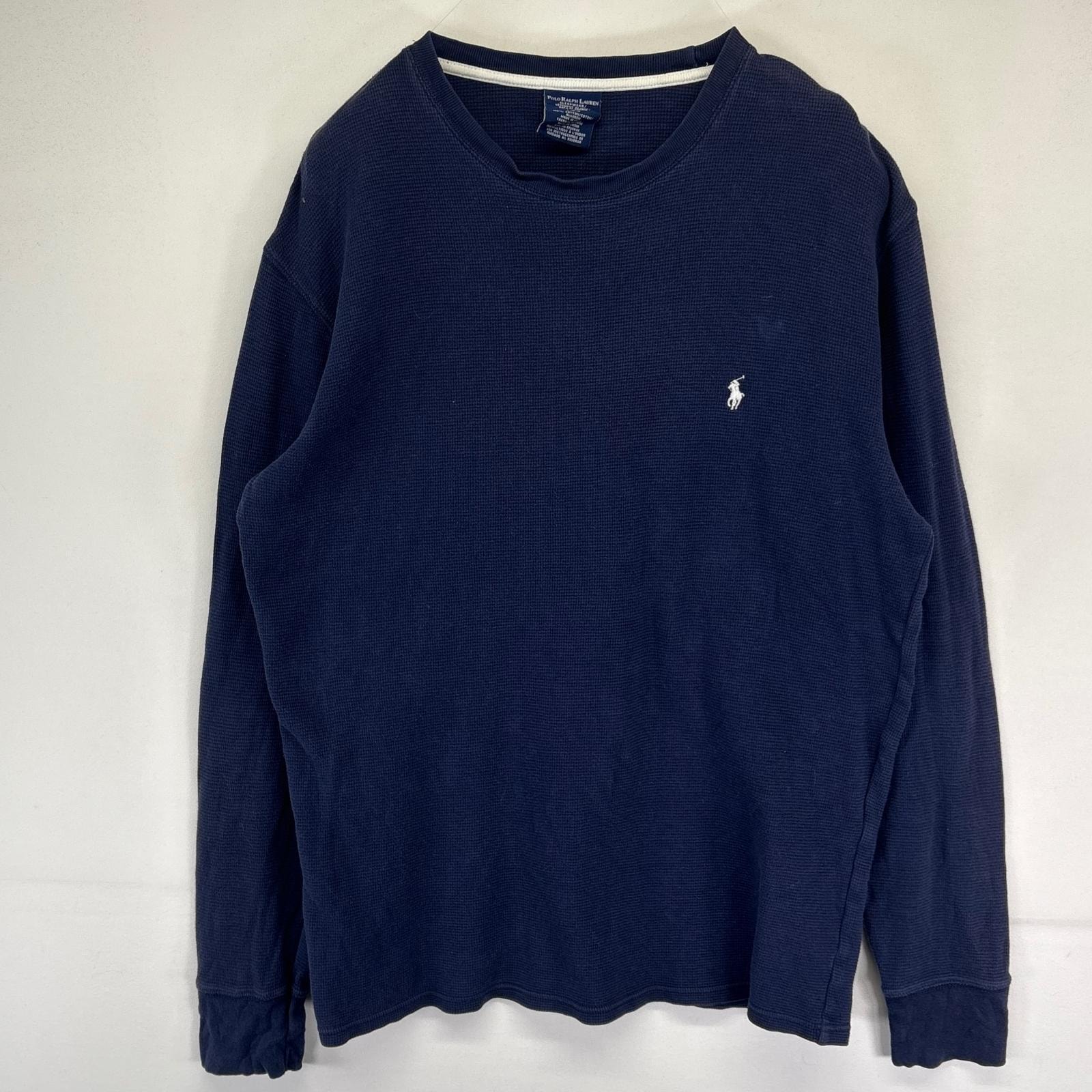 古着 ポロ・ラルフローレン POLO RALPH LAUREN 長袖Tシャツ クルーネック ワンポイント刺繍ロゴ サーマル L  ネイビー系 メンズ