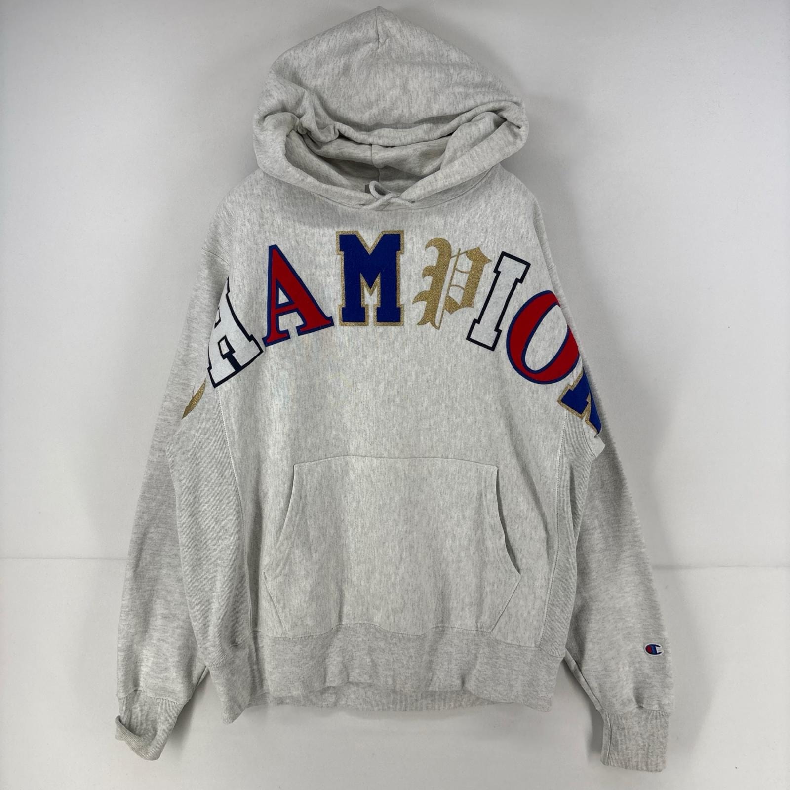 古着 チャンピオン Champion パーカー スウェット プルオーバー ロゴ リバースウィーブ ビッグロゴ M グレー メンズ