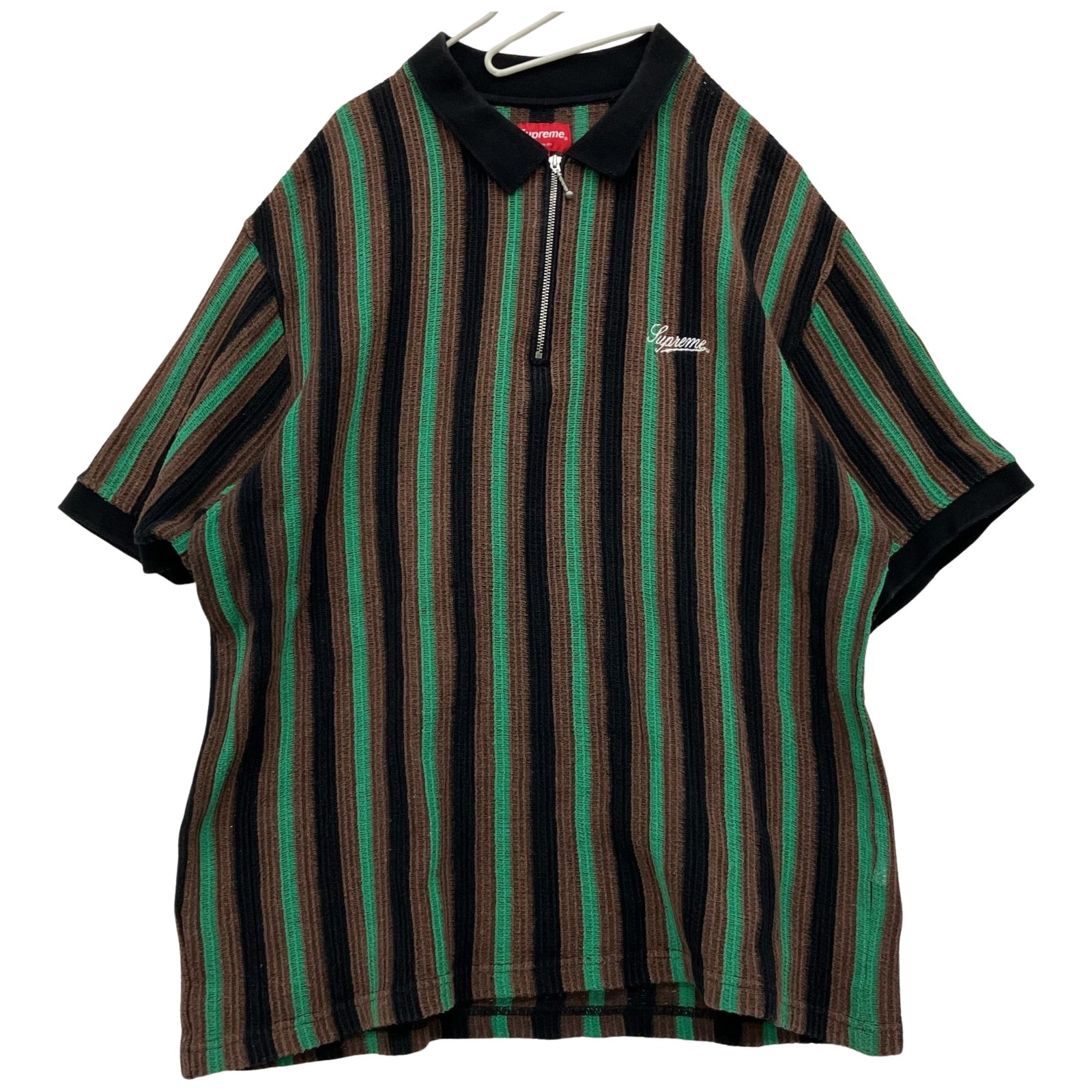 Supreme シュプリーム 2022SS open knit stripe zip polo Lサイズ RN101837 グリーン×ブラウン