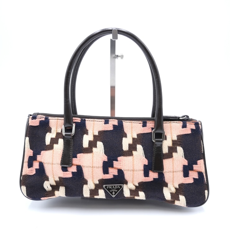 PRADA(プラダ)ヴィンテージ ハンドバッグ 幾何学柄 刺繍 ファブリック レザー ピンク ネイビー ブラウン シルバー金具 レディース【中古】