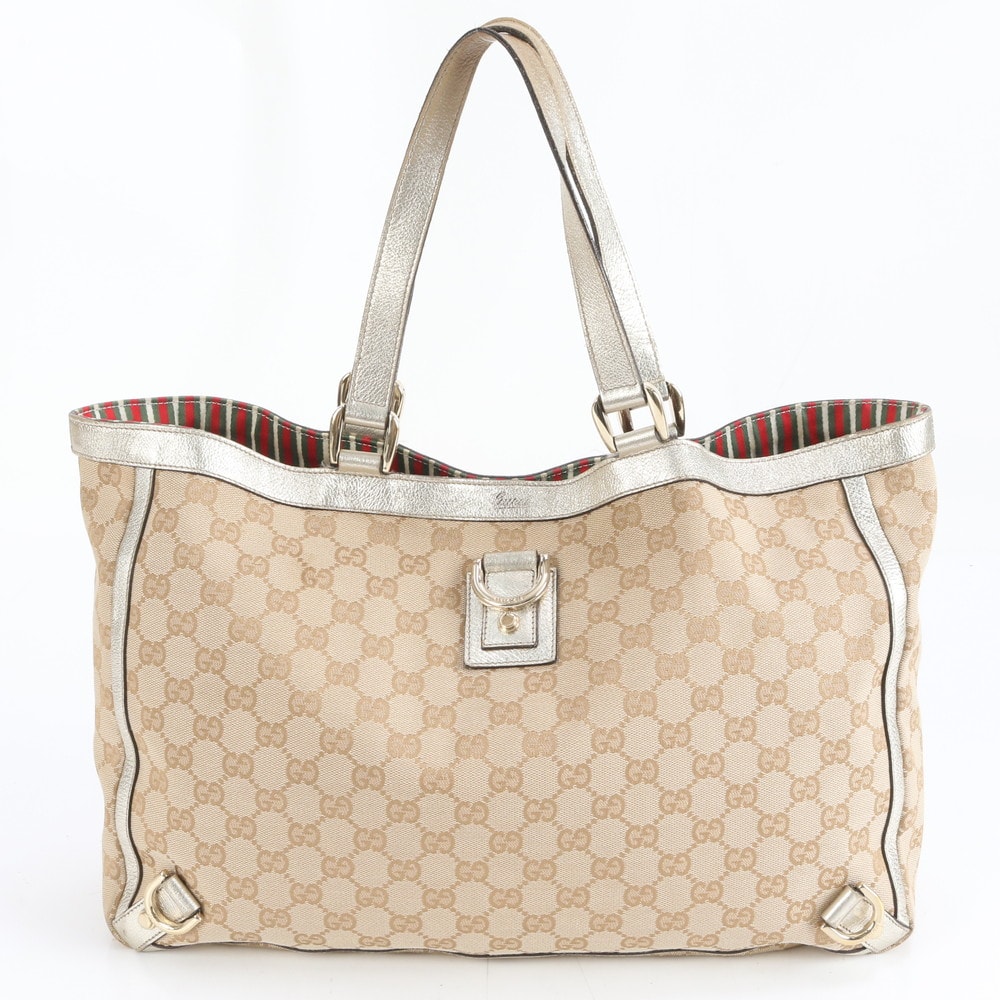 GUCCI アビー トートバッグ GGキャンバス レザー ベージュ ホワイト B (目立った傷や汚れなし)】□美品 グッチ GGキャンバスアビー 141472