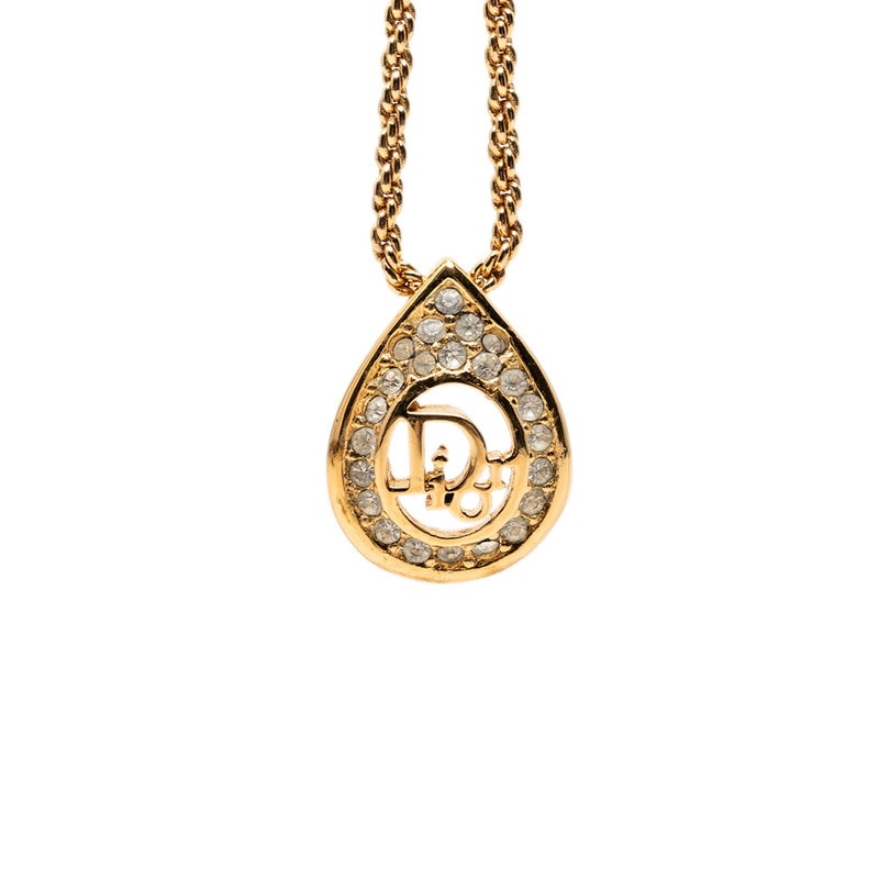 ディオール ティアドロップ ロゴ ネックレス ゴールド メッキ ラインストーン レディース Dior 【中古】