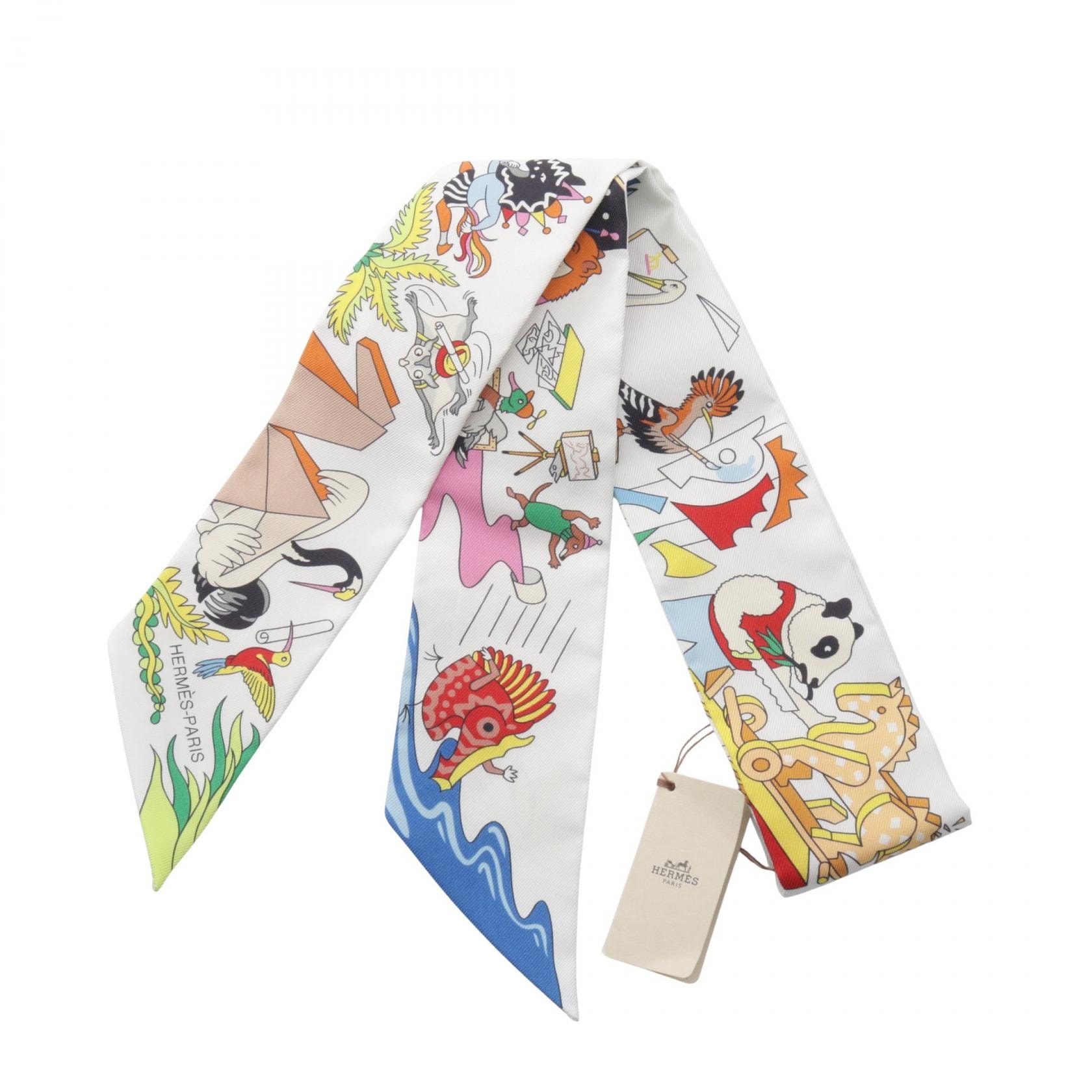 エルメス HERMES ツイリー ACADEMIA HIPPICA リボン スカーフ 衣料品 シルク シルク ホワイト レディース ホワイト系 / マルチカラー 【中古】