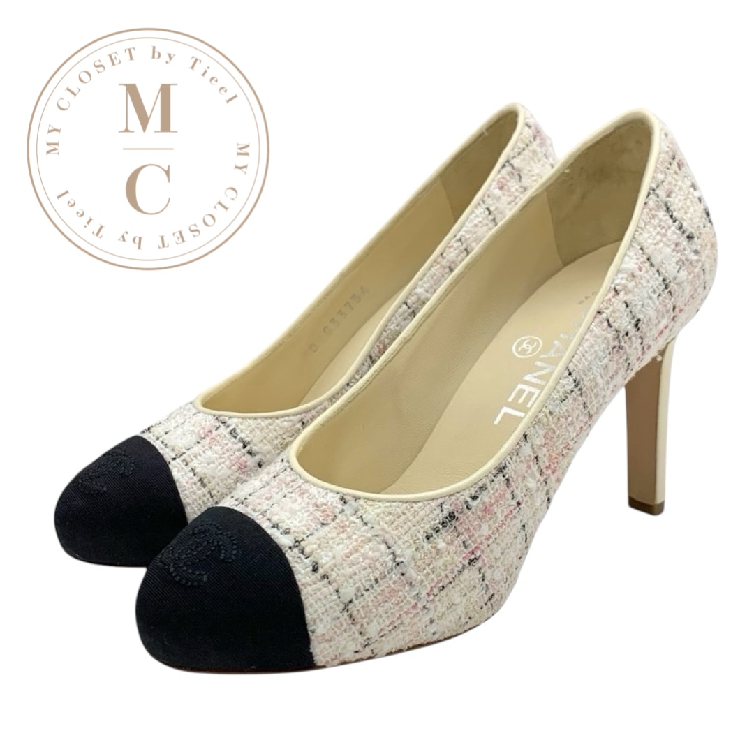 シャネル CHANEL パンプス 靴 シューズ ツイード ファブリック アイボリー ピンク ブラック ココマーク