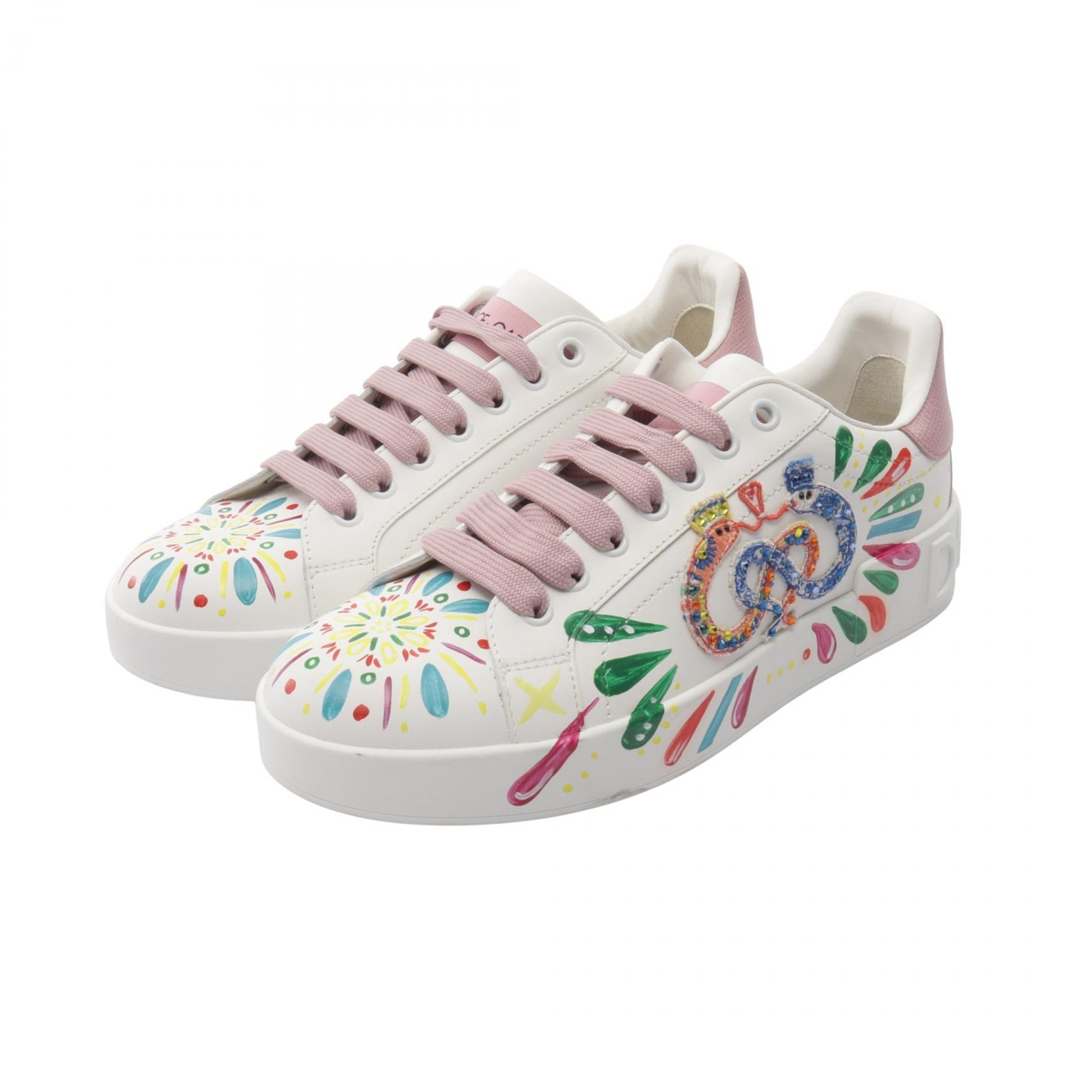 ドルチェアンドガッバーナ DOLCE & GABBANA ポルトフィーノ スニーカー 靴 レザー レディース ホワイト系 / ピンク系 / マルチカラー 【中古】