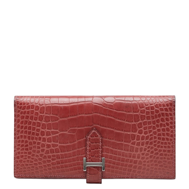 エルメス ベアンスフレ 長財布 レッド系 シルバー金具 アリゲーターマット レディース HERMES 中古